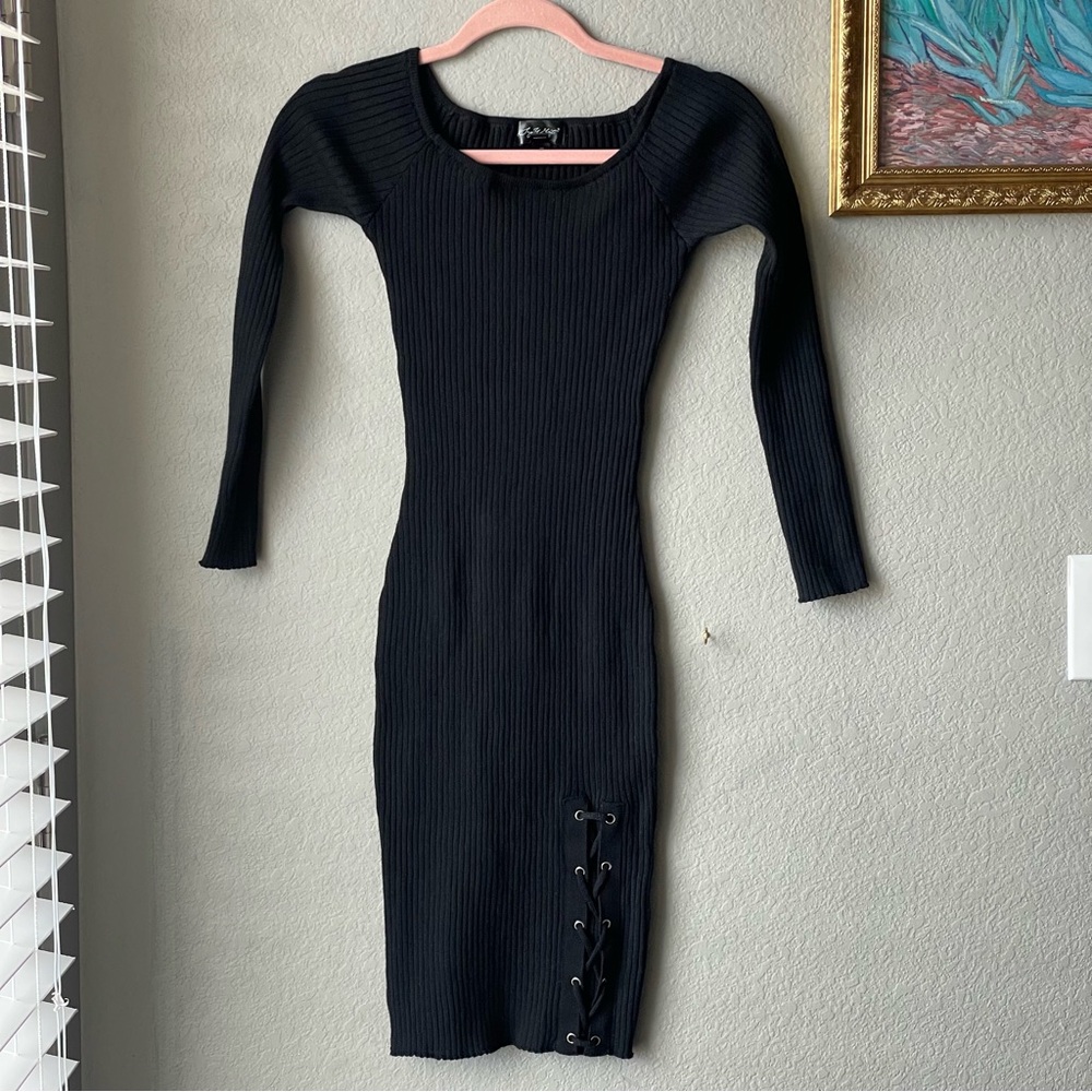 Say What? Black Long Sleeve Ribbed Bodycon Dress